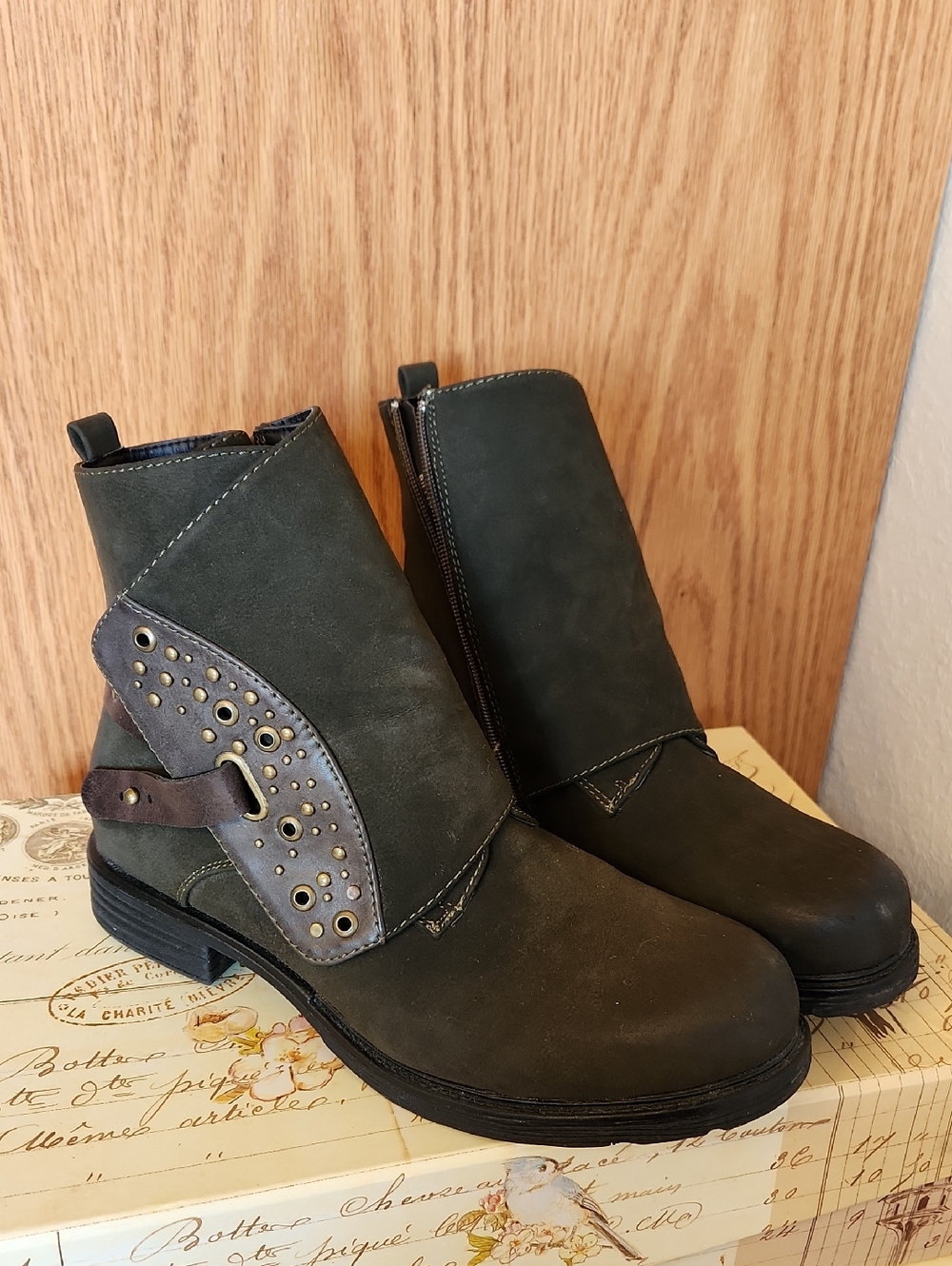 Women’s Olive Green Ankle Booties with Studded Buckle Accent